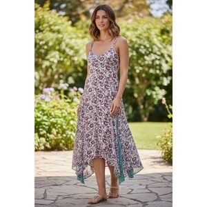 Billabong Purple Floral Handkerchief Hem Midi Dress Women Small Adjustable Strap